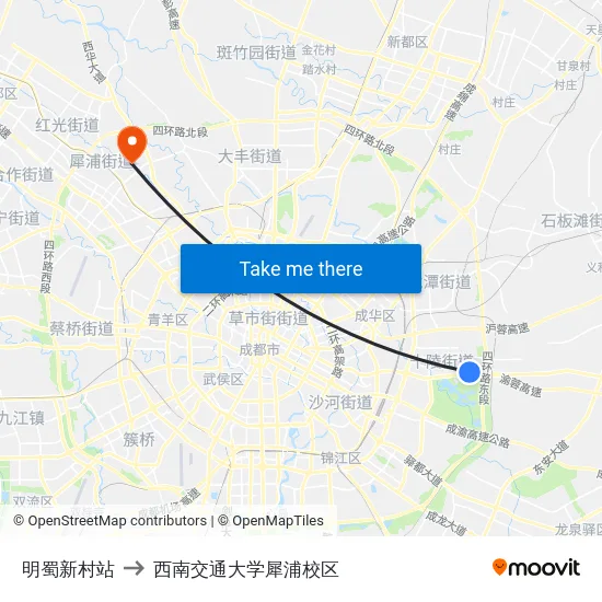 明蜀新村站 to 西南交通大学犀浦校区 map