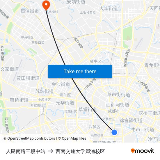 人民南路三段中站 to 西南交通大学犀浦校区 map