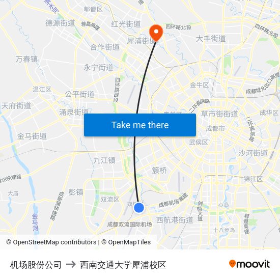 机场股份公司 to 西南交通大学犀浦校区 map