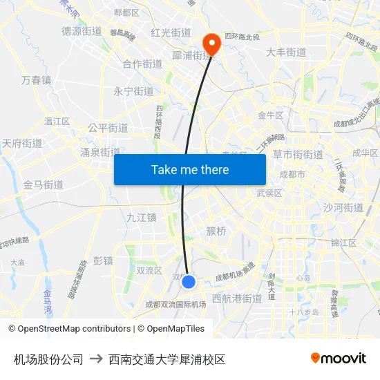 机场股份公司 to 西南交通大学犀浦校区 map