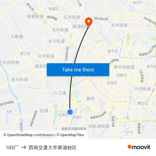 103厂 to 西南交通大学犀浦校区 map