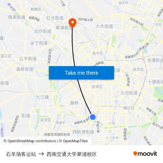 石羊场客运站 to 西南交通大学犀浦校区 map