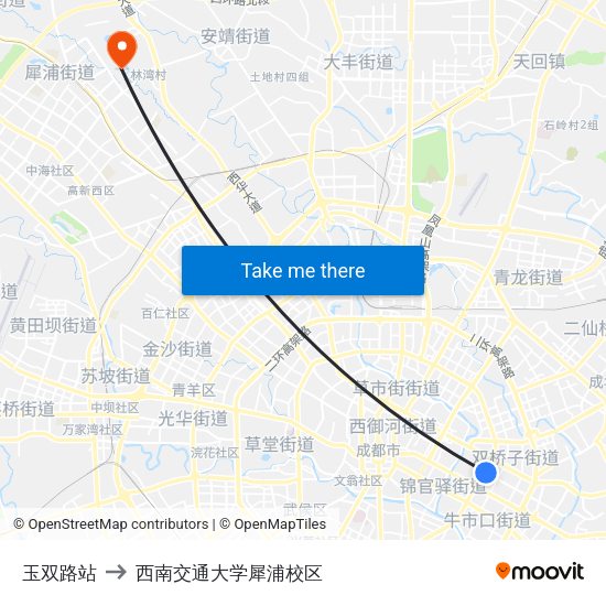 玉双路站 to 西南交通大学犀浦校区 map