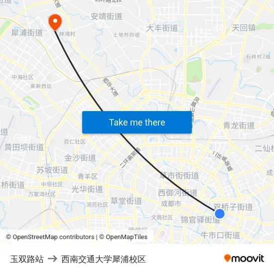 玉双路站 to 西南交通大学犀浦校区 map