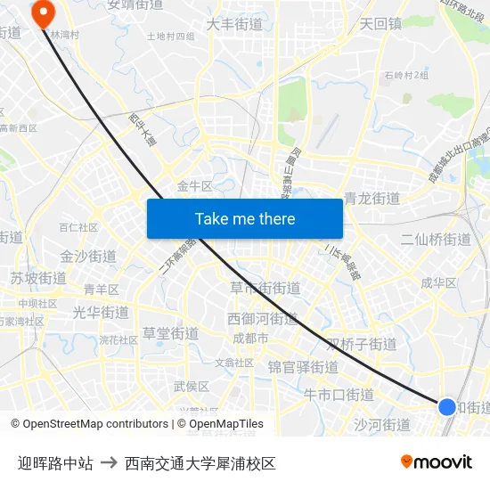 迎晖路中站 to 西南交通大学犀浦校区 map