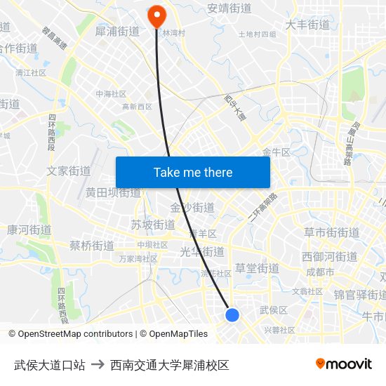 武侯大道口站 to 西南交通大学犀浦校区 map