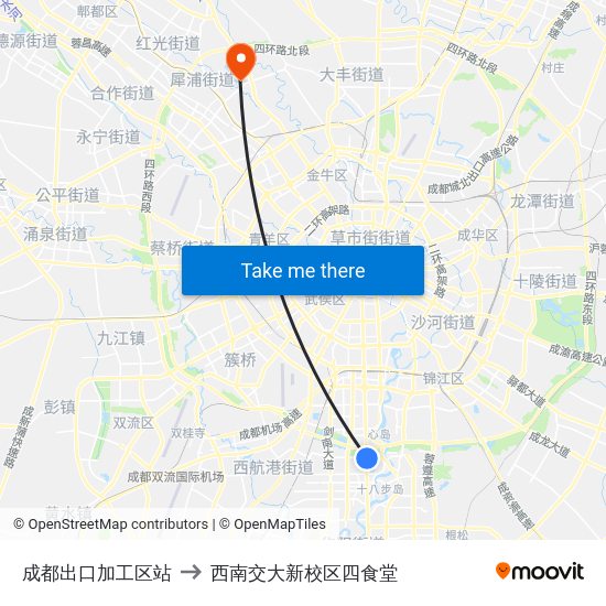 成都出口加工区站 to 西南交大新校区四食堂 map