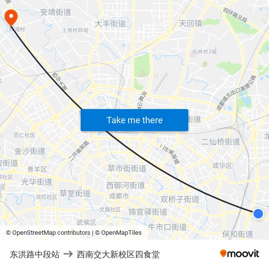 东洪路中段站 to 西南交大新校区四食堂 map