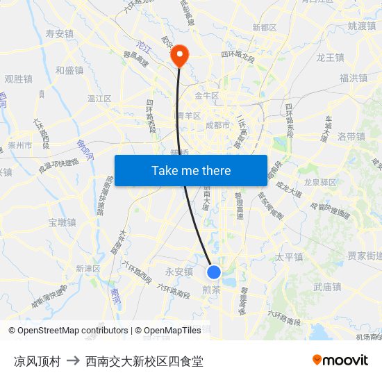 凉风顶村 to 西南交大新校区四食堂 map