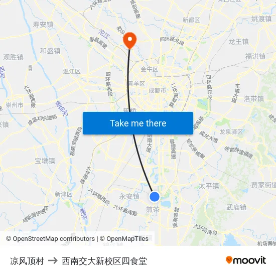 凉风顶村 to 西南交大新校区四食堂 map
