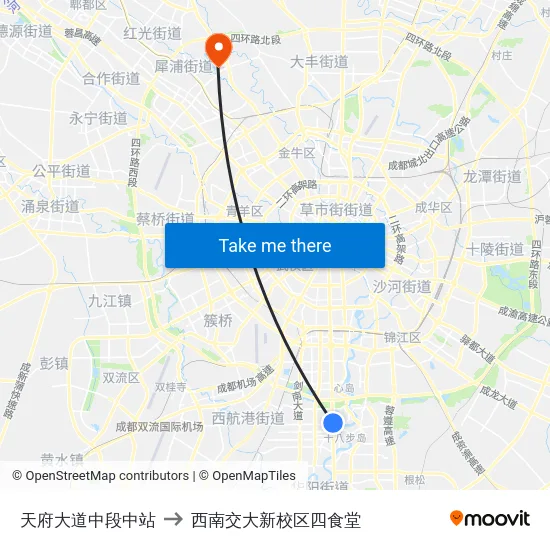 天府大道中段中站 to 西南交大新校区四食堂 map