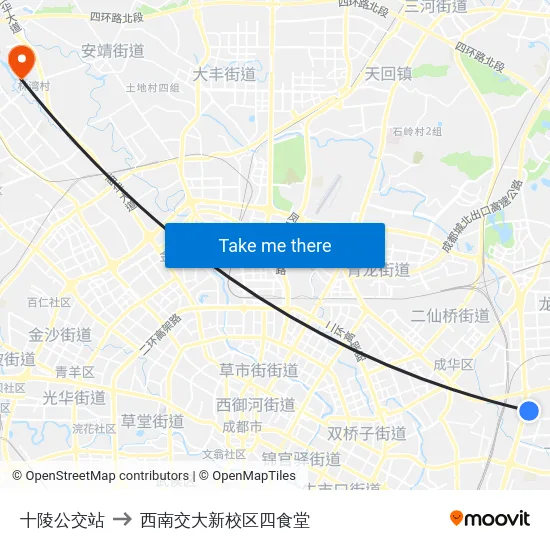 十陵公交站 to 西南交大新校区四食堂 map