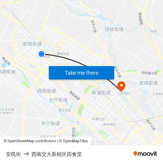 安民街 to 西南交大新校区四食堂 map
