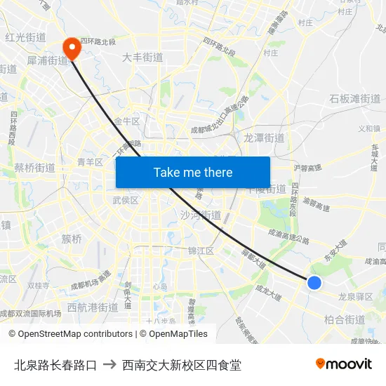 北泉路长春路口 to 西南交大新校区四食堂 map