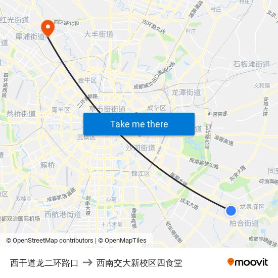 西干道龙二环路口 to 西南交大新校区四食堂 map