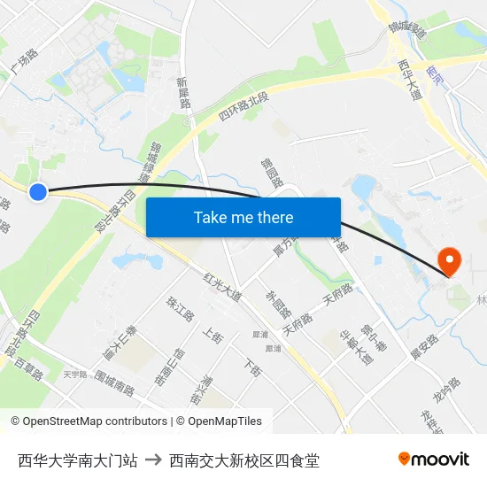 西华大学南大门站 to 西南交大新校区四食堂 map