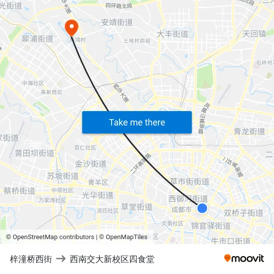 梓潼桥西街 to 西南交大新校区四食堂 map