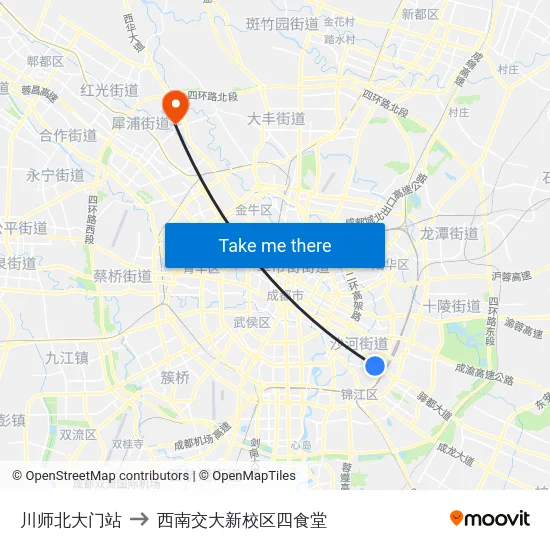 川师北大门站 to 西南交大新校区四食堂 map