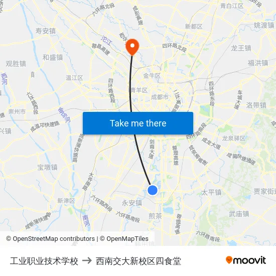工业职业技术学校 to 西南交大新校区四食堂 map