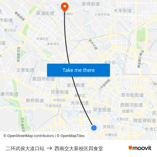 二环武侯大道口站 to 西南交大新校区四食堂 map