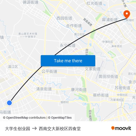 大学生创业园 to 西南交大新校区四食堂 map