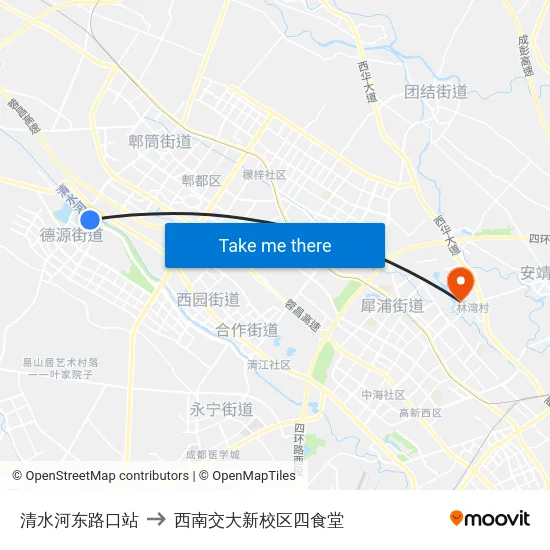 清水河东路口站 to 西南交大新校区四食堂 map