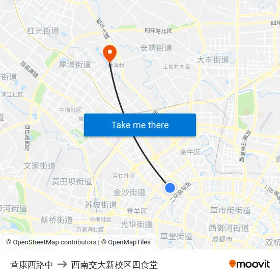 营康西路中 to 西南交大新校区四食堂 map