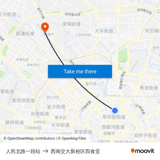 人民北路一段站 to 西南交大新校区四食堂 map