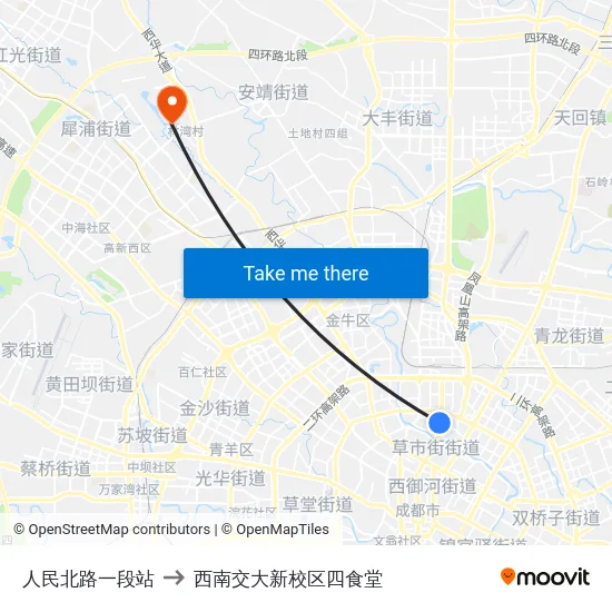 人民北路一段站 to 西南交大新校区四食堂 map