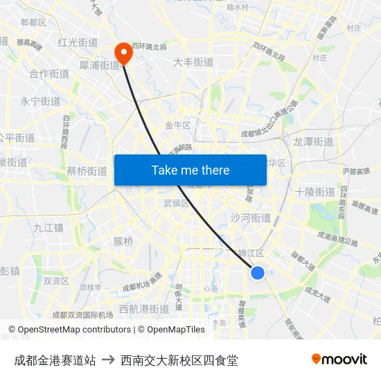 成都金港赛道站 to 西南交大新校区四食堂 map