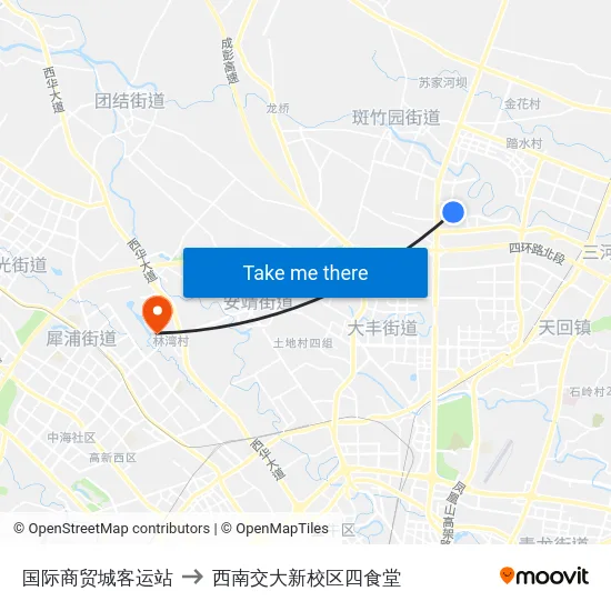 国际商贸城客运站 to 西南交大新校区四食堂 map
