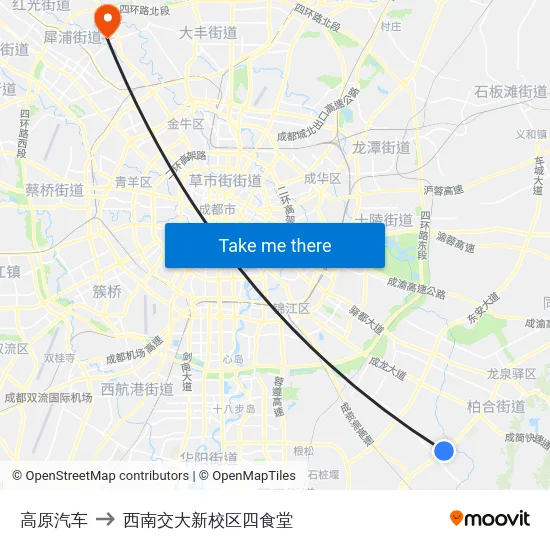 高原汽车 to 西南交大新校区四食堂 map