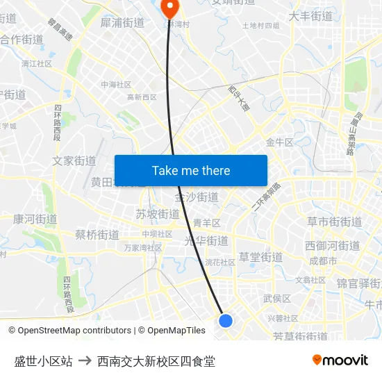 盛世小区站 to 西南交大新校区四食堂 map