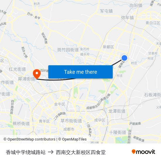 香城中学绕城路站 to 西南交大新校区四食堂 map