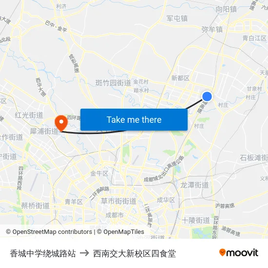 香城中学绕城路站 to 西南交大新校区四食堂 map