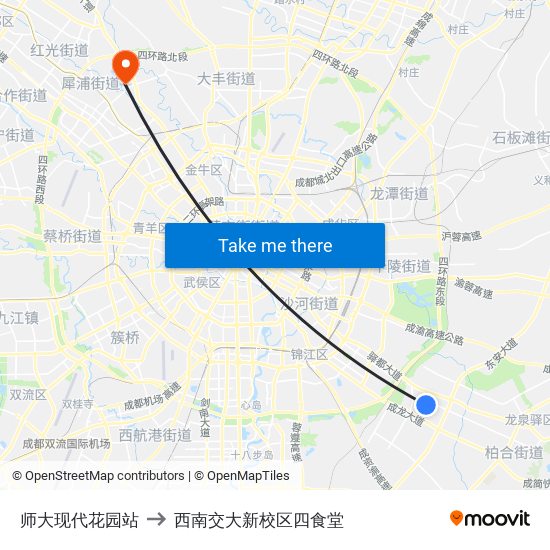 师大现代花园站 to 西南交大新校区四食堂 map