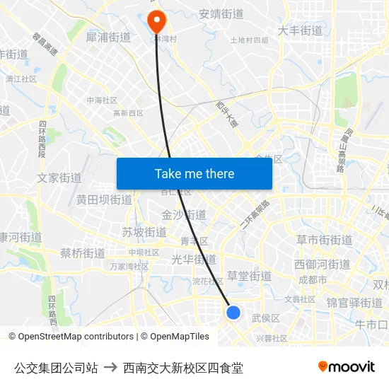 公交集团公司站 to 西南交大新校区四食堂 map