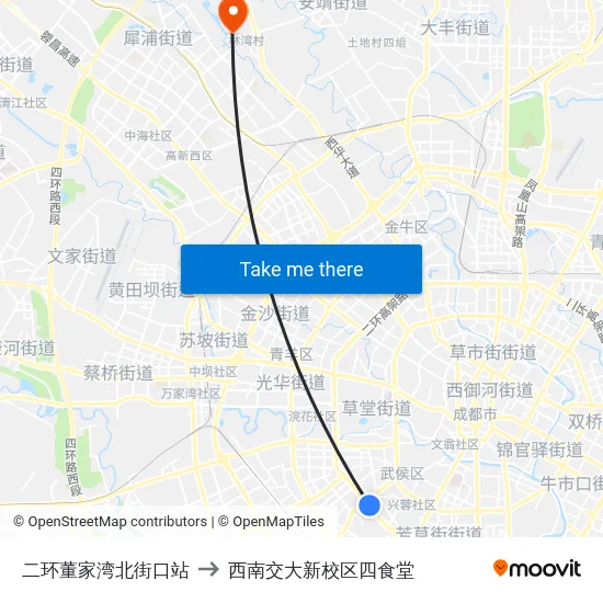二环董家湾北街口站 to 西南交大新校区四食堂 map
