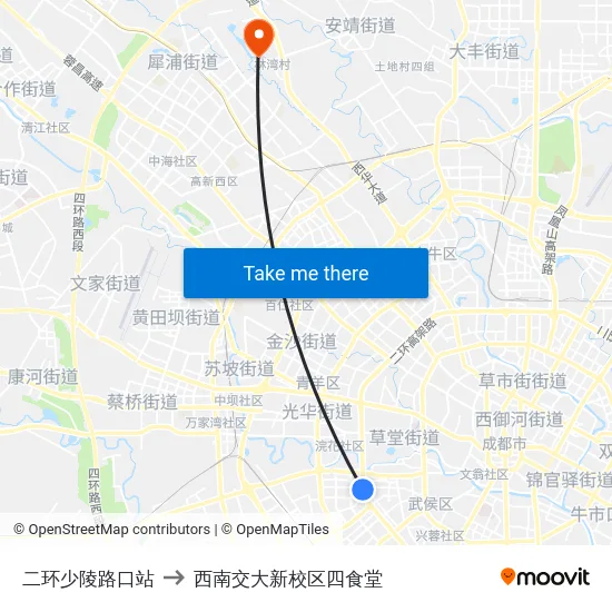 二环少陵路口站 to 西南交大新校区四食堂 map