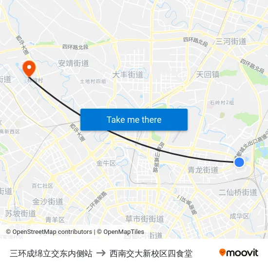三环成绵立交东内侧站 to 西南交大新校区四食堂 map