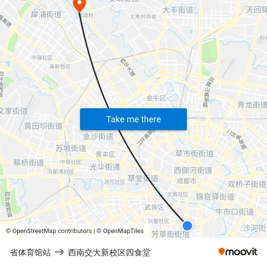 省体育馆站 to 西南交大新校区四食堂 map