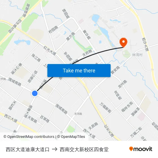 西区大道迪康大道口 to 西南交大新校区四食堂 map
