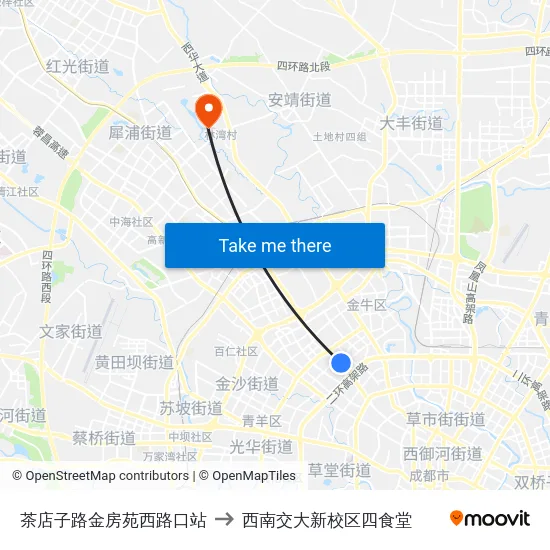 茶店子路金房苑西路口站 to 西南交大新校区四食堂 map