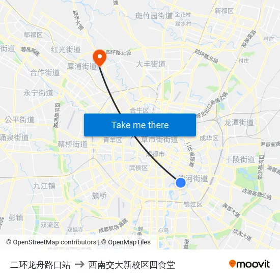 二环龙舟路口站 to 西南交大新校区四食堂 map