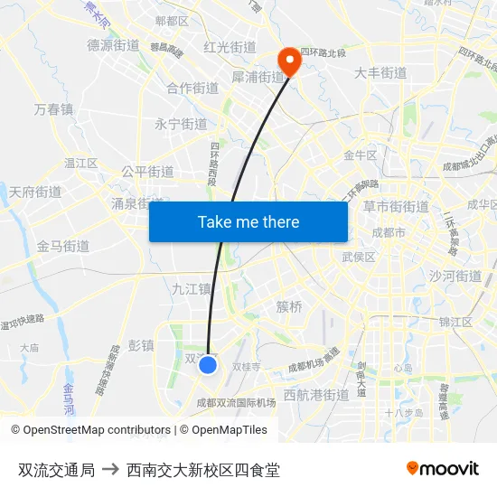 双流交通局 to 西南交大新校区四食堂 map