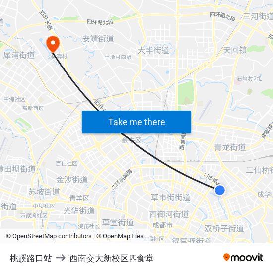 桃蹊路口站 to 西南交大新校区四食堂 map