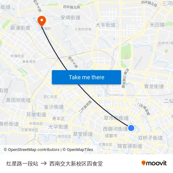 红星路一段站 to 西南交大新校区四食堂 map