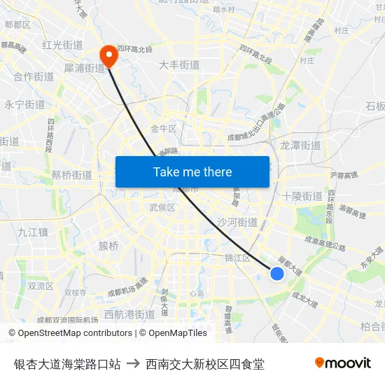 银杏大道海棠路口站 to 西南交大新校区四食堂 map