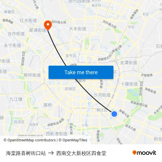 海棠路喜树街口站 to 西南交大新校区四食堂 map