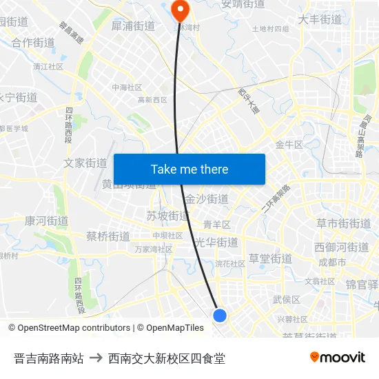 晋吉南路南站 to 西南交大新校区四食堂 map